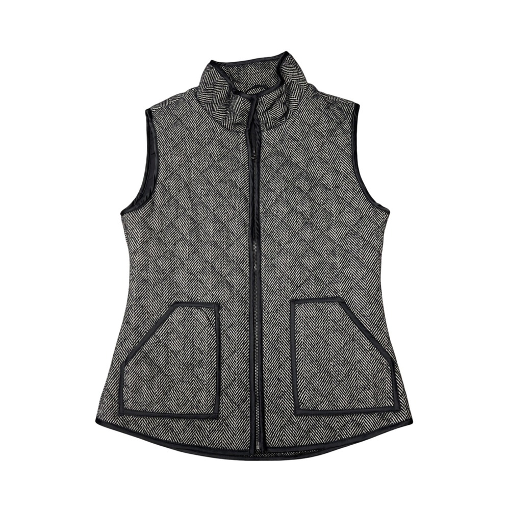 Cremieux Womens Herringbone Quilted Puffer Vest Black White Full Zip Mock Neck M